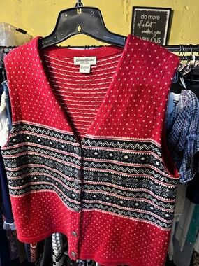 Eddie Bauer Red and Black Fair Isle Button Vest M